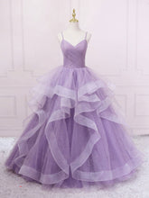 Elegant Purple V‑Neck Tulle Sequin Floor‑Length Prom Dress